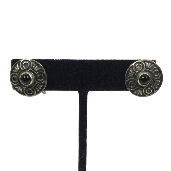 Vintage Antiqued Silverplate Southwestern Screw Back Earrings With Onyx Bead - Picture 3 of 5